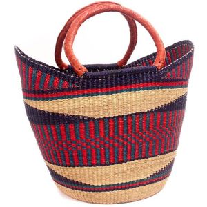 Wholesale Handcrafted Seagrass <b>Handbags</b> With Leather Handles <b>Red</b> Blue Stripe Woven Straw Tote Beach Bag OEM - Product Image 2