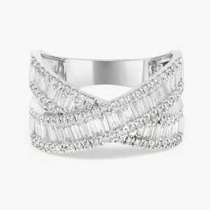 Baguette Crossover <b>Ring</b> Lab Grown Diamond Pave Multi Row Half <b>Eternity</b> Wedding 14K Solid Gold 925 <b>Silver</b> Luxury Gift - Product Image 3