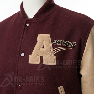 Men's Maroon Beige Varsity <b>Jacket</b> Leather Sleeve Embroidered Letter 27 Preppy Style Regular Fit Autumn Wear - Product Image 3