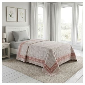 Cotton Kantha Twin Size <b>Throw</b> Quilt 150x220 cm Hand Block Printed Hand Embroidered Indian Handmade Bedspread Boho Home Decor Set - Product Image 1