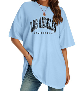 T-shirt décontracté pour femme, coupe classique, col rond, manches courtes, imprimé Los Angeles Californie, 100 % coton tricoté, respirant, anti-boulochage - Product Image 1