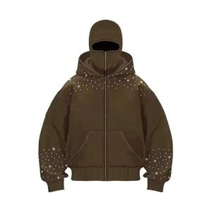 Sweat-shirt à capuche zippé en molleton 100% coton, orné de strass verts hivernaux, avec cache-visage intégré et manches longues, style décontracté, service OEM - Product Image 5