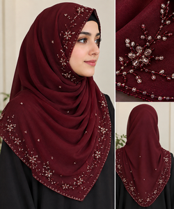 Hijab carré extensible en soie brodée florale bordeaux, écharpe faite à la main, couvre-chef pour femmes - Product Image 3