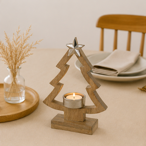 Support de bougie chauffe-plat en bois artisanal pour Noël, avec accent étoile métallique, sur pied, style minimaliste, centre de table festif, vente en gros - Product Image 4