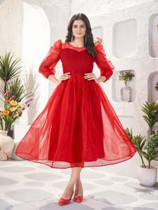 เดรสสไตล์ตะวันตกแบบลำลองน่ารักแฟชั่นใหม่ประจำฤดูร้อนปี 2026 ผ้าออร์แกนซ่า แขนพอง คอทรงโอ ไซส์พลัสสำหรับผู้หญิง - Product Image 4