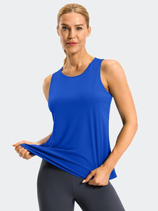 Camiseta sin mangas asimétrica azul para mujer, diseño con espalda descubierta, tejido transpirable de poliéster, protección solar, decoración de malla - Product Image 3