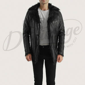 Chaqueta de Cuero Genuino Negra para Hombre con Cuello de Piel Negra, Chaqueta Bomber de Piel de Oveja con Forro de Felpa Cálido para Invierno, Corte Ajustado Informal - Product Image 3