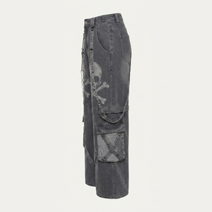 2026 Bestselling Punk Skull Graphic Wide Leg Cargo <b>Pants</b> for Men Gothic Distressed Denim Jeans - Product Image 3
