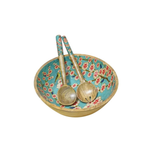 Handmade Wood Salad Bowl Set with Matching Servers Round Floral Enamel Interior Serving Bowl for Fruit & Pasta <b>Kitchen</b> Decor - Product Image 3