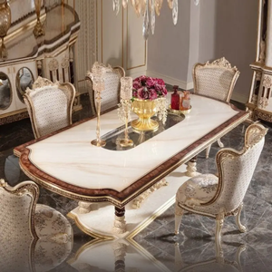 Ensemble de table à manger en bois d'acajou de style classique européen élégant, meubles de salle à manger de luxe sculptés à la main en or ivoire avec buffet - Product Image 6
