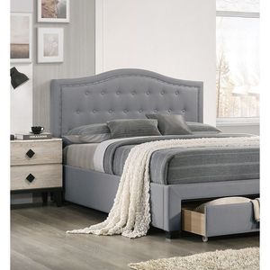 Testiera letto matrimoniale imbottita in tessuto di tela grigio chiaro con bottoni e design ad arco, con contenitore, per camera da letto, in stile FB - Product Image 4