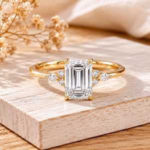Solid Gold Emerald Cut Diamond <b>Ring</b> with Marquise and Round Diamonds Three Stone Lab Grown <b>Ring</b> Minimalist <b>Dainty</b> Stacking <b>Ring</b> - Product Image 1