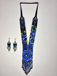 TOP DESIGN Handmade Blue Floral Beaded <b>Necklace</b> Set Boho Seed Bead <b>Statement</b> Jewelry for birthday , christmas, WEDDING - Product Image 2