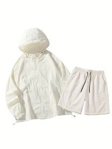 Conjunto de Chaqueta Cortavientos Informal con Capucha para Hombre, Personalizado con Logotipo, a la Moda, de Dos Piezas, de Nailon/Poliéster, Resistente al Viento, con Pantalones Cortos - Product Image 1