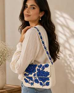 Bolso de Mano Textil Bordado con Diseño Floral de Arte Indio Exótico, Patrón Azul y Blanco, Hecho a Mano con Cuentas, Rectangular, Tipo Bandolera, Lavable - Product Image 3