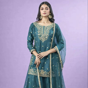 Designer Fandy Silk Suit Set with <b>Sequin</b> Embroidery & Moti Work Dupatta for Women - Product Image 1