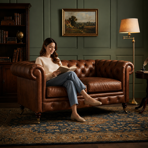 Traditional Chesterfield Leather Sofa Two Seat Tufted Back Rolled Arms Genuine Leather Living Room Furniture Leather Sofa - Product Image 3