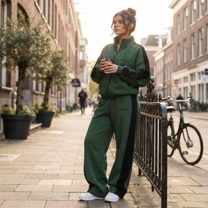 <b>Women's</b> Dark Green <b>White</b> Zip Hoodie Tracksuit Set Color Block Panel Design Oversized <b>Jogger</b> Pants Streetwear - Product Image 5