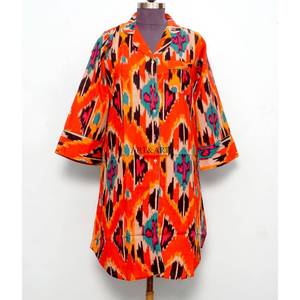 Robe de soirée longue à manches longues en coton indien de luxe, imprimé numérique, motif Ikat, col rabattu, pour femmes, écologique - Product Image 4