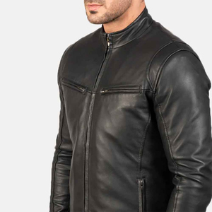 Chaqueta de Cuero Negra para Hombre, Estilo Moto Cafe Racer, Cuello Alto, Cierre de Cremallera, Corte Ajustado, Manga Regular, Color Sólido, de ELITE CRAFT INDUSTRY - Product Image 5