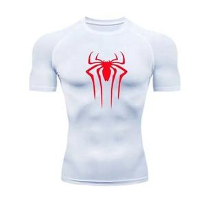 เสื้อแรชการ์ดแขนสั้นลายโลโก้แมงมุมสีขาวสำหรับผู้ชาย แห้งเร็ว ผลิตจากโพลีเอสเตอร์ เสื้อกีฬาพิมพ์ลายด้านหน้า เสื้อว่ายน้ำสำหรับผู้ใหญ่ - Product Image 1