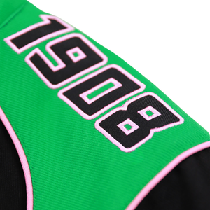 AKA Racing Twill Jacket Black Green Sorority Vrsity Jacket <b>Button</b> Up Women Stretwear Fashion Stylish Trendy Coat Ivy Leaf Design - Product Image 3