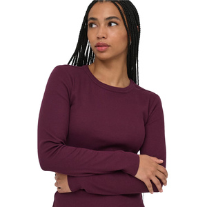 Camiseta de Punto para Mujer, Color Borgoña, Manga Larga, Cuello Redondo, Ajustada, de Algodón y Elastano, Estilo Casual - Product Image 3