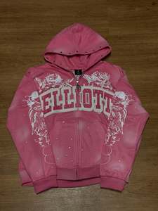 Streetwear custom <b>Pink</b> Hooded Zip-Up Sweatshirt With Rhinestone Details Print Casual Wear Autumn Regular high quality <b>hoodie</b> - Product Image 2