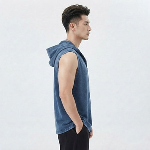 เสื้อกล้ามมีฮู้ดซิปสำหรับผู้ชาย เสื้อกล้ามมีฮู้ดพรีเมียมสำหรับผู้ชาย เสื้อกีฬาผ้าฝ้าย เสื้อกล้ามลำลองสำหรับออกกำลังกาย รับผลิตแบบ OEM ODM - Product Image 2