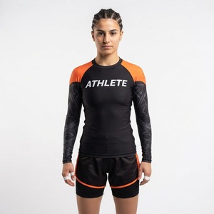<b>Women</b> Fitted MMA Fight Jersey <b>Long</b> <b>Sleeve</b> <b>Black</b> Red Print Moisture Wicking Training <b>Top</b> Mixed Martial Arts Apparel - Product Image 4