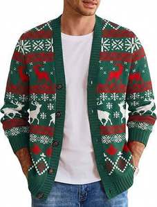 Cardigan en tricot à col châle pour homme, motif renne vert, pull décontracté d'hiver - Product Image 4