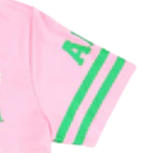 Camiseta con cuello en V AKA Pink Football, ropa de hermandad griega, camiseta con gráfico bordado, rosa, verde, blanco - Product Image 3