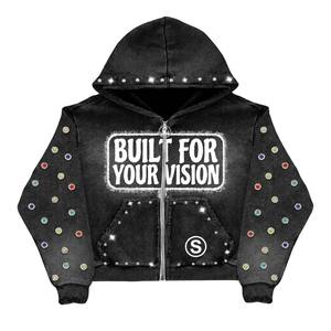 Sudadera con capucha y cremallera Built For Your Vision, con estampado de diamantes de imitación, estilo urbano, unisex, negra, personalizada, de felpa francesa, algodón grueso. - Product Image 6
