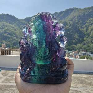 Idole de Ganesha en fluorite naturelle artisanale, statue en cristal sculptée à la main, vert et violet, divination, décoration de la maison - Product Image 4
