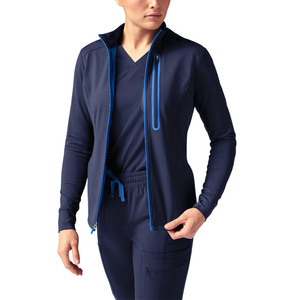 Chaqueta Sanitaria Azul Marino para Mujer con Cremallera y Bolsillos, Diseño para Uso Hospitalario, Tejido de Poliéster de Punto, Detección de Agujas - Product Image 1