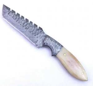 Couteau d'extérieur artisanal en acier Damas, manche en os naturel, lame à denture, outil utilitaire - Product Image 6
