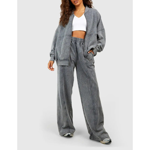 Cotton Blend Comfortable Everyday Clothing Acid Wash Tracksuits Lounge Fashion Custom Branding Jacket & Wide Leg <b>Trousers</b> Set - Product Image 1