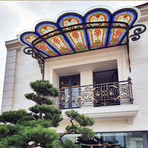 Custom Iron European Outdoor Hotel Furniture Stained Glass <b>Canopy</b> Decorative Pendant <b>Roof</b> Floral Pattern Entryway Balcony Cover - Product Image 1