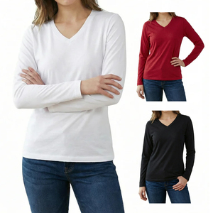 Camiseta de Manga Larga con Cuello en V para Mujer, Etiqueta Privada Personalizada, Tops para Dama al por Mayor, Camiseta Ajustada con Cuello en V - Product Image 1