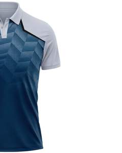 เสื้อโปโลผู้ชายสีน้ำเงินและสีเทา แขนสั้น พิมพ์ลายกราฟิก สวมใส่สบาย ระบายอากาศได้ดี ผลิตจากโพลีเอสเตอร์ เหมาะสำหรับกีฬากอล์ฟ เทนนิส และการฝึกซ้อม - Product Image 4
