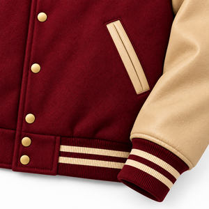 <b>Fly</b> Humble Sportswear <b>Men's</b> Varsity <b>Jacket</b> Maroon Beige Sleeve Solid Color Button Front Casual Autumn Wear wholesale rate - Product Image 5