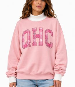 เสื้อสเวตเตอร์คอกลมสีชมพูสำหรับผู้หญิง ปักลายตัวอักษร QHC ลายสก๊อตด้านหน้า ผ้าฝ้ายถัก สวมใส่สบายในฤดูใบไม้ร่วง ทรงปกติ - Product Image 4