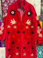 Robe en velours rouge Suzani, broderie florale, style bohème folklorique, 100% coton, fermeture à cordon, manches longues