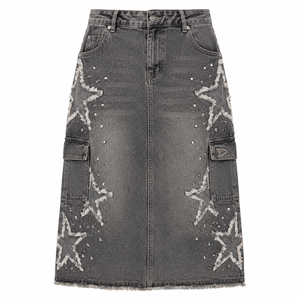 Falda vaquera deshilachada con estrellas, falda midi cargo gris lavada para mujer con pedrería, bolsillos estilo streetwear - Product Image 1