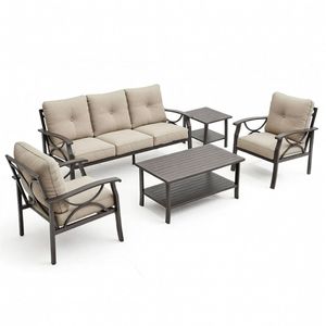 Set di Mobili da Giardino in Metallo per Tutte le Stagioni, 5 Pezzi, con Cuscini Beige Spessi 4 Pollici e Struttura Color Caffè Kaki, Divano Conversazione a 5 Posti - Product Image 2