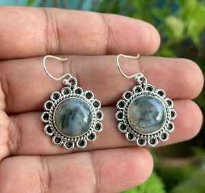 Boucles d'oreilles pendantes en argent sterling avec agate mousse, pierre précieuse ronde, faites à la main, bijoux de fête, mode féminine, joaillerie fine - Product Image 1