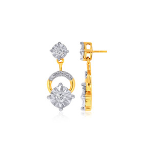Boucles d'oreilles pendantes élégantes bicolores dorées à motif floral avec grandes pierres rondes transparentes scintillantes et design à maillons circulaires incurvés - Product Image 3