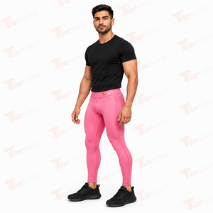 Men's Pink Full Length <b>Compression</b> <b>Leggings</b> Mid Waist Seamless Spandex Polyester Athletic Base Layer Eco-Friendly Breathable - Product Image 2