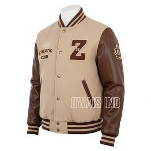 Veste de sport pour homme beige et marron avec manches en cuir PU, lettrage brodé 26 Owais Ind Athletic Club, style preppy - Product Image 2