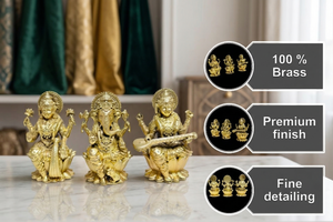 Idole longue en laiton pur plaqué Jaipur Metals, représentant Lotus, Lakshmi, Ganesh et Saraswati |   Artisanat métallique |   Fait main et respectueux de l'environnement |   Feng Shui | - Product Image 5
